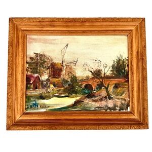 VTG Dutch Windmill Lake-view Country Cottage Original Oil Painting Singed Reed